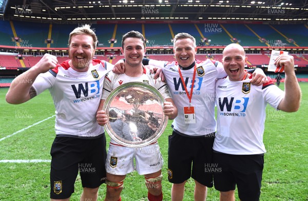 280419 - Bonymaen v Brecon - WRU National Plate Final - Andy Powell, Ewan Williams, Matthew J Watkins and Matthew Lewis of Brecon with the trophy