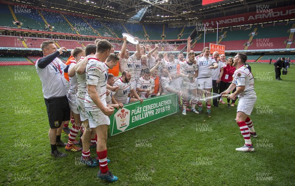 280419 - WRU Finals Day - National Plate - Bonymaen RFC v Brecon RFC - Brecon RFC celebrate as they lift the Plate