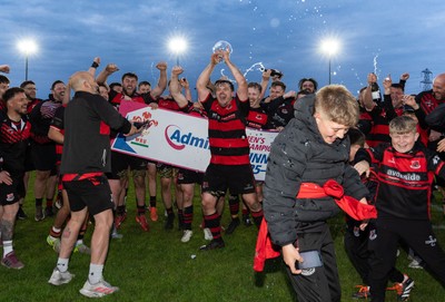 060526 - Bonymaen RFC v Glynneath RFC, National Championship West - Bonymaen captain Joe Yates celebrates with the team and fans as he lifts the National Championship West trophy