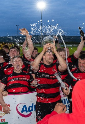 060526 - Bonymaen RFC v Glynneath RFC, National Championship West - Bonymaen captain Joe Yates celebrates with the team and fans as he lifts the National Championship West trophy