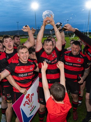 060526 - Bonymaen RFC v Glynneath RFC, National Championship West - Bonymaen captain Joe Yates celebrates with the team and fans as he lifts the National Championship West trophy