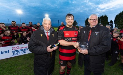 060526 - Bonymaen RFC v Glynneath RFC, National Championship West - Bonymaen captain Joe Yates receives the National Championship West trophy from WRU National Council Member Jeff Davies right and Peter Hansford