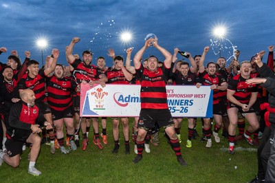 060526 - Bonymaen RFC v Glynneath RFC, National Championship West - Bonymaen captain Joe Yates celebrates with the team and fans as he lifts the National Championship West trophy