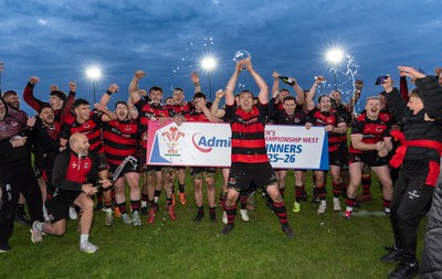 060526 - Bonymaen RFC v Glynneath RFC, National Championship West - Bonymaen captain Joe Yates celebrates with the team and fans as he lifts the National Championship West trophy