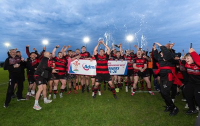 060526 - Bonymaen RFC v Glynneath RFC, National Championship West - Bonymaen captain Joe Yates celebrates with the team and fans as he lifts the National Championship West trophy