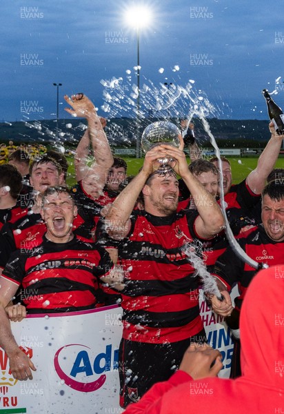 060526 - Bonymaen RFC v Glynneath RFC, National Championship West - Bonymaen captain Joe Yates celebrates with the team and fans as he lifts the National Championship West trophy