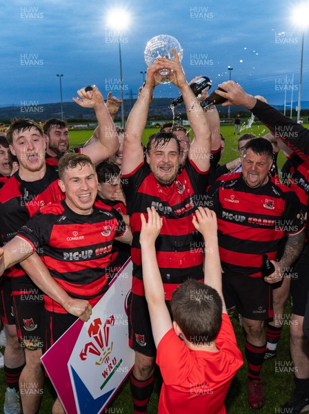 060526 - Bonymaen RFC v Glynneath RFC, National Championship West - Bonymaen captain Joe Yates celebrates with the team and fans as he lifts the National Championship West trophy