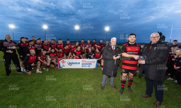 060526 - Bonymaen RFC v Glynneath RFC, National Championship West - Bonymaen captain Joe Yates receives the National Championship West trophy from WRU National Council Member Jeff Davies right and Peter Hansford