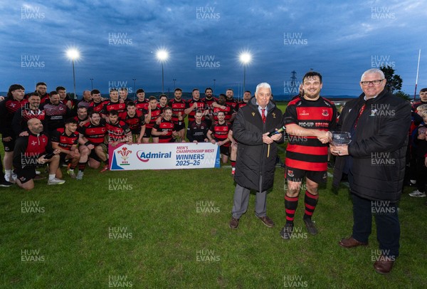060526 - Bonymaen RFC v Glynneath RFC, National Championship West - Bonymaen captain Joe Yates receives the National Championship West trophy from WRU National Council Member Jeff Davies right and Peter Hansford