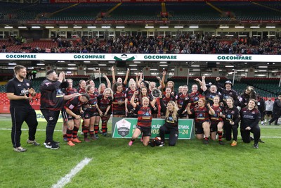 270424 - Bonymaen v Haverfordwest - WRU Women’s National Plate Final - Bonymaen celebrate winning the Plate