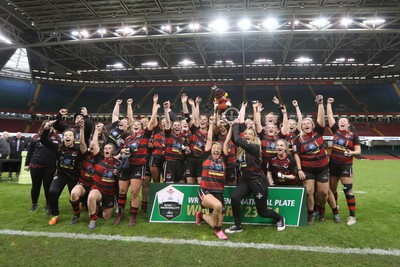 270424 - Bonymaen v Haverfordwest - WRU Women’s National Plate Final - Bonymaen celebrate winning the Plate