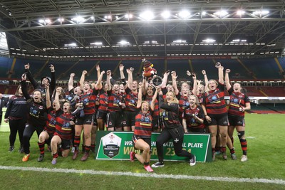 270424 - Bonymaen v Haverfordwest - WRU Women’s National Plate Final - Bonymaen celebrate winning the Plate