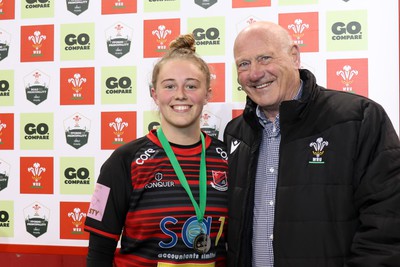 270424 - Bonymaen v Haverfordwest - WRU Women’s National Plate Final - Terry Conner of the WRU presents Lauren Smyth with Player of the Match   