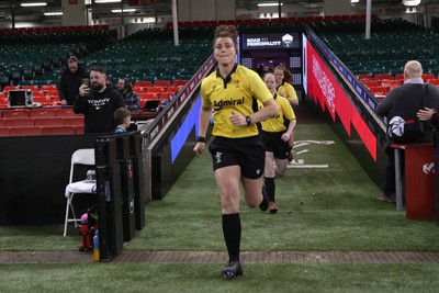 270424 - Bonymaen v Haverfordwest - WRU Women’s National Plate Final - Ex Wales international player Jess Kavanagh runs out to referee the game