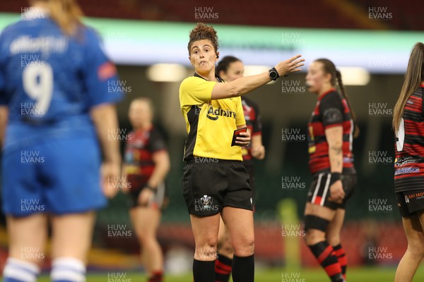 270424 - Bonymaen v Haverfordwest - WRU Women’s National Plate Final - Ex Wales international player Jess Kavanagh referees the game 