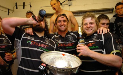 12.05.07 - Borders v Ospreys - Magners League - Ospreys front row, Adam Jones, Huw Bennett and Duncan Jones celebrate winning the Magners League 