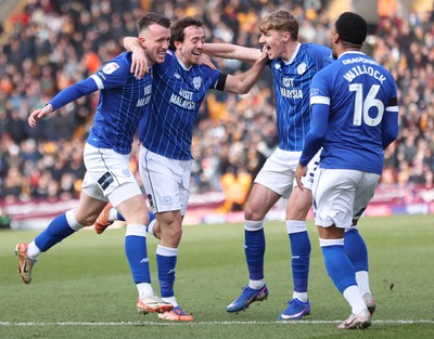 170126 - Bradford City v Cardiff City - Sky Bet League 1 - David Turnbull of Cardiff celebrates 1st goal with Ryan Wintle of Cardiff, Chris Willock of Cardiff and Joel Bagan of Cardiff