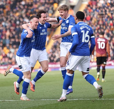 170126 - Bradford City v Cardiff City - Sky Bet League 1 - David Turnbull of Cardiff celebrates 1st goal with Ryan Wintle of Cardiff, Chris Willock of Cardiff and Joel Bagan of Cardiff