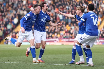 170126 - Bradford City v Cardiff City - Sky Bet League 1 - David Turnbull of Cardiff celebrates with Ryan Wintle of Cardiff, Joel Bagan of Cardiff and Chris Willock of Cardiff