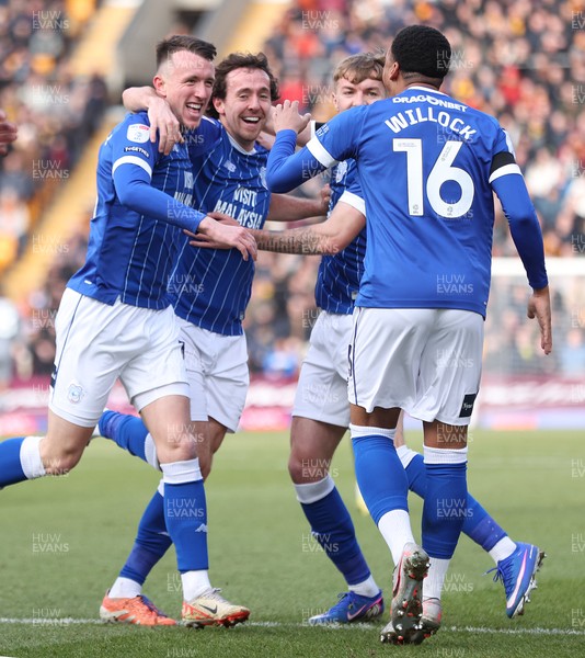 170126 - Bradford City v Cardiff City - Sky Bet League 1 - David Turnbull of Cardiff celebrates 1st goal with Ryan Wintle of Cardiff, Chris Willock of Cardiff and Joel Bagan of Cardiff
