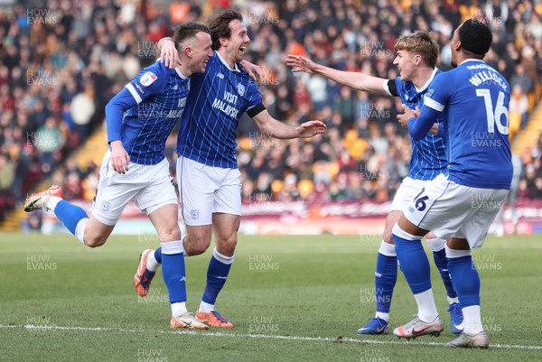 170126 - Bradford City v Cardiff City - Sky Bet League 1 - David Turnbull of Cardiff celebrates with Ryan Wintle of Cardiff, Joel Bagan of Cardiff and Chris Willock of Cardiff