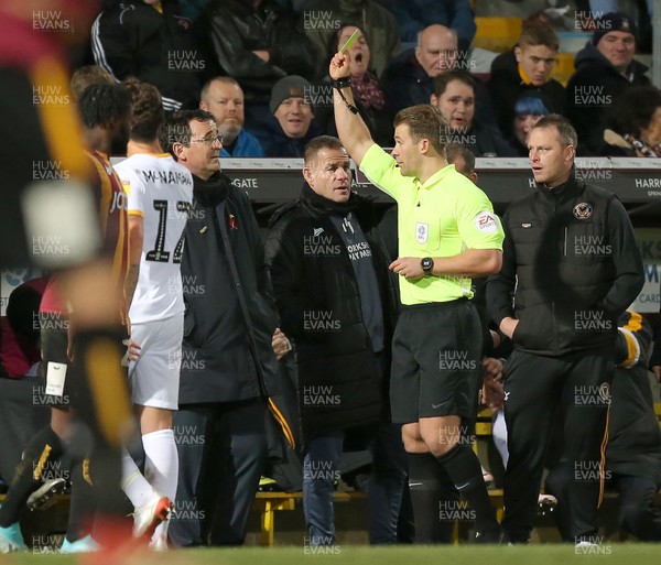 071219 - Bradford City v Newport County - Sky Bet League 2 -  Manager Mike Flynn of Newport County and Manager Gary Bowyer of Bradford City are both given a yellow card by referee Anthony Backhouse
