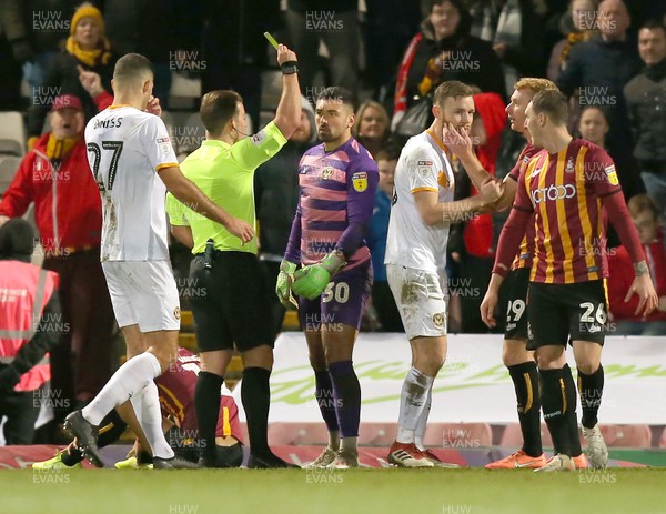 071219 - Bradford City v Newport County - Sky Bet League 2 -  Nick Townsend of Newport County is shown the yellow card by referee Anthony Backhouse for bringing down a player near the goal