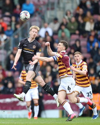 270424 - Bradford City v Newport County - Sky Bet League 2 - Harry Charsley of Newport County and Ash Taylor of Bradford City