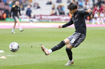 270424 - Bradford City v Newport County - Sky Bet League 2 - Kiban Rai of Newport County warms up