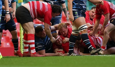 190426 - Brecon Athletic v Bargoed Athletic, Mens Division 5 Final - Josh Pritchard of Brecon powers over to score try