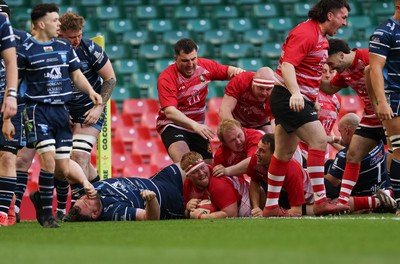 190426 - Brecon Athletic v Bargoed Athletic, Mens Division 5 Final - Josh Pritchard of Brecon powers over to score try