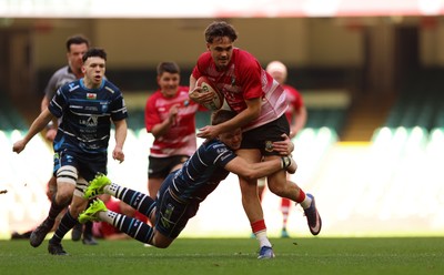 190426 - Brecon Athletic v Bargoed Athletic, Mens Division 5 Final - Kyran Dillon of Brecon Athletic is tackled by Ben Jones of Bargoed