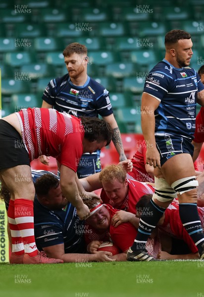 190426 - Brecon Athletic v Bargoed Athletic, Mens Division 5 Final - Josh Pritchard of Brecon powers over to score try