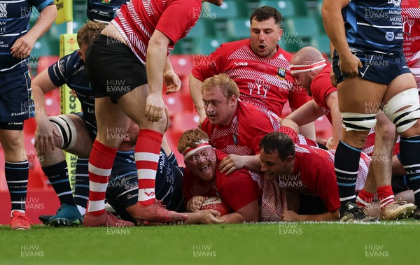 190426 - Brecon Athletic v Bargoed Athletic, Mens Division 5 Final - Josh Pritchard of Brecon powers over to score try