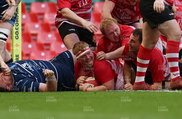 190426 - Brecon Athletic v Bargoed Athletic, Mens Division 5 Final - Josh Pritchard of Brecon powers over to score try