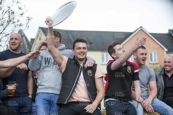 290419 - Brecon RFC Parade around the town on the back of a tractor to celebrate their victory in the WRU National Plate - 