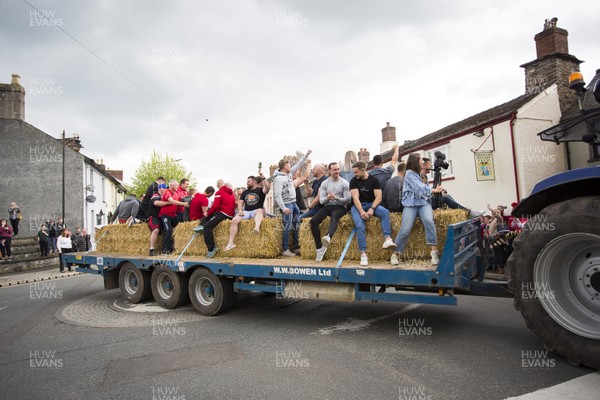 290419 - Brecon RFC Parade around the town on the back of a tractor to celebrate their victory in the WRU National Plate - 