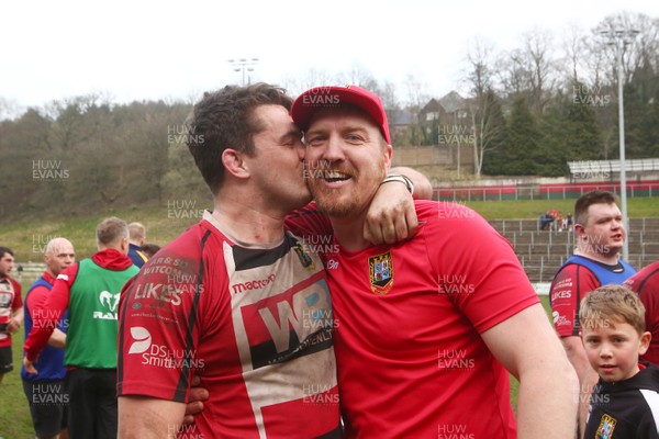 300319 - Brecon RFC v Penallta RFC - WRU National Plate Competition - Semi Final - Head coach of Brecon Andy Powell celebrate at the final whistle with captain Ewan Williams to reach The Plate Final
