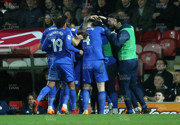 130318 - Brentford v Cardiff City, Sky Bet Championship - Cardiff players celebrate after Sol Bamba of Cardiff City scores