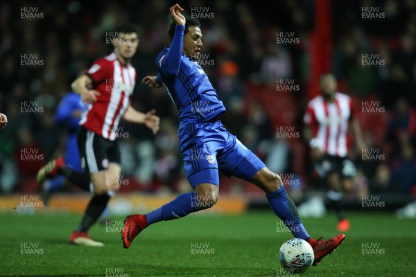 130318 - Brentford v Cardiff City, Sky Bet Championship - Nathaniel Mendez Laing of Cardiff City fires a shot at goal