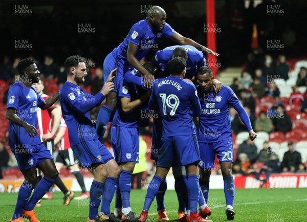 130318 - Brentford v Cardiff City, Sky Bet Championship - Cardiff City players celebrate after Callum Paterson of Cardiff City scores City's second goal