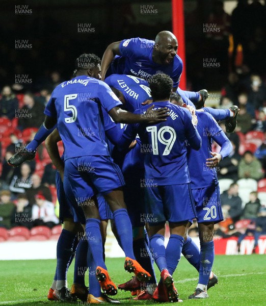 130318 - Brentford v Cardiff City, Sky Bet Championship - Cardiff City players celebrate after Callum Paterson of Cardiff City scores City's second goal