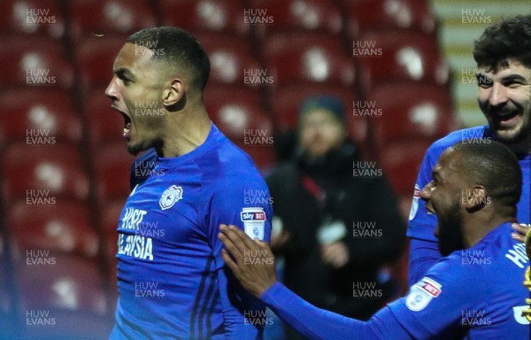130318 - Brentford v Cardiff City, Sky Bet Championship - Kenneth Zohore of Cardiff City celebrates after scoring the third goal