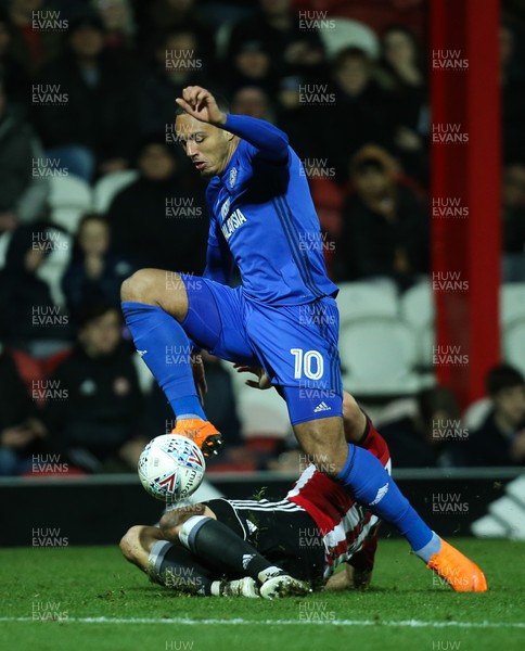 130318 - Brentford v Cardiff City, Sky Bet Championship - Kenneth Zohore of Cardiff City wins the ball as Cardiff push forward