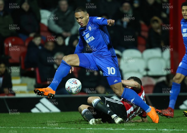 130318 - Brentford v Cardiff City, Sky Bet Championship - Kenneth Zohore of Cardiff City wins the ball as Cardiff push forward