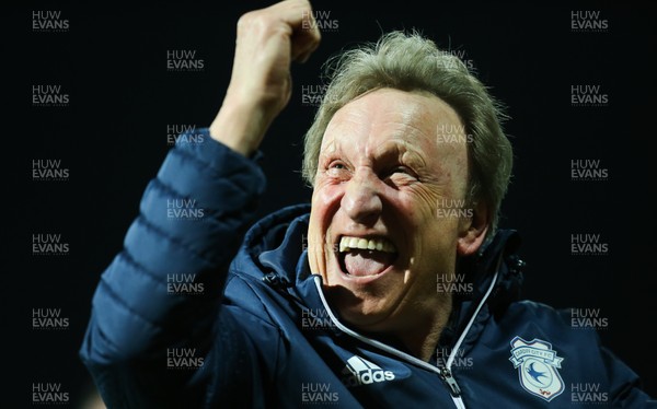 130318 - Brentford v Cardiff City, Sky Bet Championship - Cardiff City manager Neil Warnock celebrates and applauds the travelling fans at the end of the match
