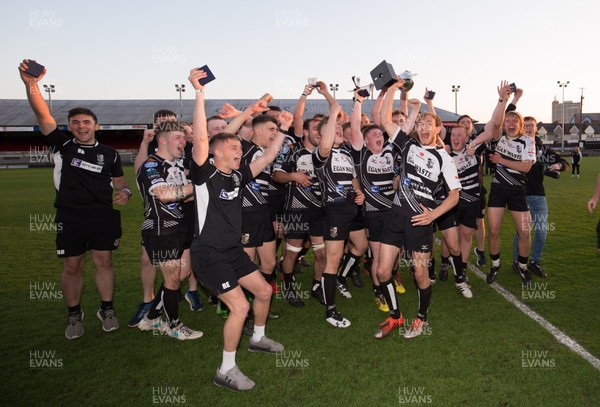 190518 - Bridgend Athletic Youth v Pontypridd Youth, Principality Youth Playoff Final 2018 - Pontypridd Youth captain Rhodri Smith celebrates with the team after receiving the Youth Playoff Final Trophy