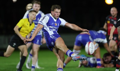 250925 - Bridgend Ravens RFC v Aberavon RFC, Super Rygbi Cymru - Fraser Jones of Bridgend kicks clear