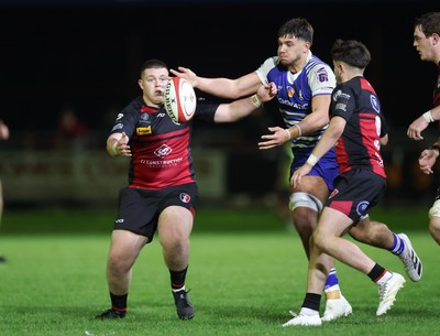 250925 - Bridgend Ravens RFC v Aberavon RFC, Super Rygbi Cymru - Dylan Burrows of Bridgend and Dylan James of Aberavon compete for the ball