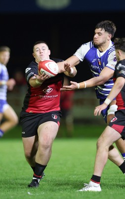 250925 - Bridgend Ravens RFC v Aberavon RFC, Super Rygbi Cymru - Dylan Burrows of Bridgend and Dylan James of Aberavon compete for the ball